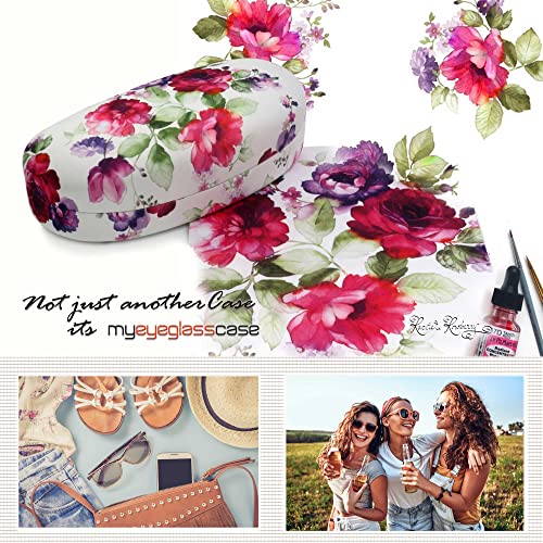 Myeyeglasscase Women Floral Sunglasses Case - Hard Glasses Holder - Eyeglass Case Metal Hard Shell In Watercolor Print For Medium - Large Frames, With Drawstring Pouch & Cloth (As113 Cranberry Rose) #TOP3