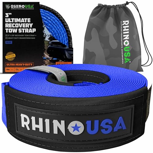 Image of Rhino USA Recovery Tow Strap (3 inchx30') - 31,518lb Break Strength- Emergency Recovery Strap Tow Rope for Truck, UTV, ATV & More- Heavy Duty Towing Strap for Offroad 4x4 Use - Compatible with Jeep (Blue)