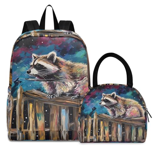 Backpack Lunch Box Set Large Capacity Travel Backpacks and Insulated Lunch Bag for Commute Hiking Picnic Farm Raccoon Print