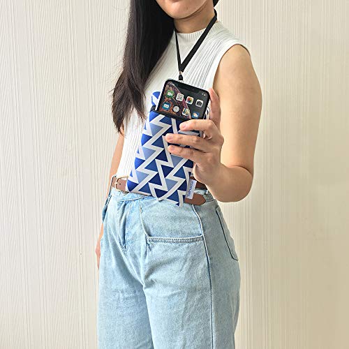 Image of Neoprene Neck Cell Phone Sleeve Bag Pouch w / Clip (Blue White Triangles)