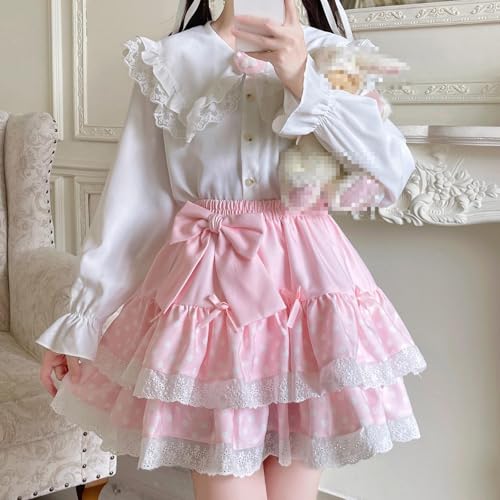 Pokn Sweet Lolita Mini Skirt for Women Bow Cake Skirt High Waist Kawaii Vintage Layered Lace Party A-line Mini Skirts2