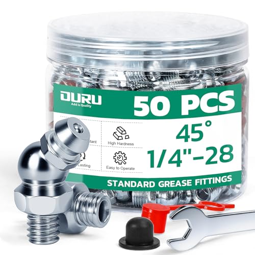 Image of OURU 50PCS 1 /4 inch-28 SAE Grease Fittings Kit, Zerk Grease Fittings 45 Degree with Grease Fitting Caps & Wrench Kit(9mm) for Grease Gun