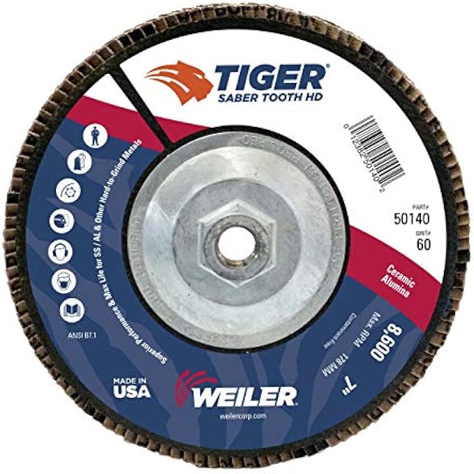 Weiler 50140 Saber Tooth 5/8"-11 Arbor, 7" Diameter, 60 Grit, Ceramic, Phenolic Backing, Flat High Density Abrasive Flap Disc, Made in The USA (Pack of 10)