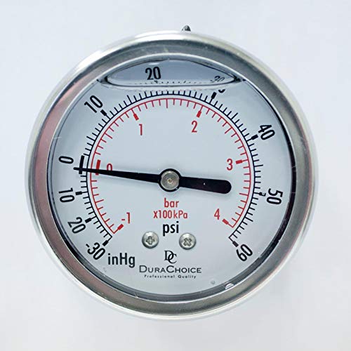 DuraChoice 4" Oil Filled Vacuum Pressure Gauge - Stainless Steel Case, Brass, 1/4" NPT, Center Back Mount Connection -30HG/60PSI