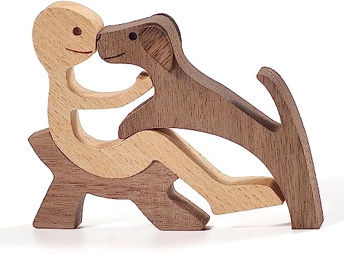 Jognee Handgefertigte Holzstatue, Welpen-Holzschnitz-Ornamente, herzerwärmendes Geschenk für Hundeliebhaber, Bastelfigur, Holz, kleine Dekorationen für Zuhause, Büro, Wohnzimmer (A – Männer + Hund)