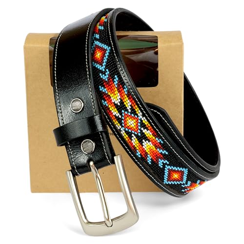 Men's 100% Grain Leather Cowboy Beaded Belt With Classic Simple Buckle.2