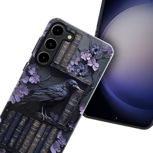 TnXee Case for Samsung Galaxy S23,Purple Floral Crow Bookshelf Phone Case Drop Resistant Glossy 2 in 1 Solid Dual-Layer Cover for Girl Women by TnXee - Used condition - Image 2