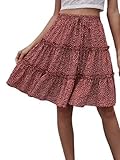 WDIRARA Women's Floral Print Ruffle Hem Elastic High Waist Tie Front Skirt Red M