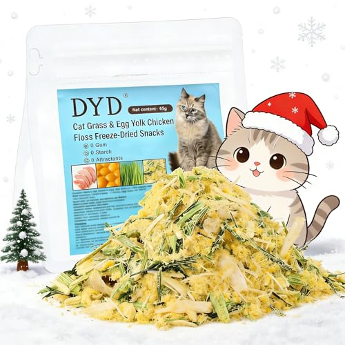 Hierba Snack para Gatos- Golosina Liofilizada de Pollo y Yema de Huevo - Ayuda a Controlar Bolas de...