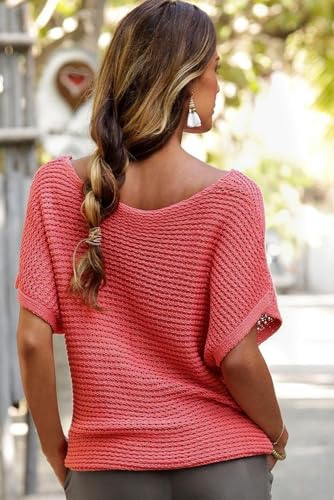 Casual Round Neck Short Sleeve Sweater: Red Clay Solid Color3