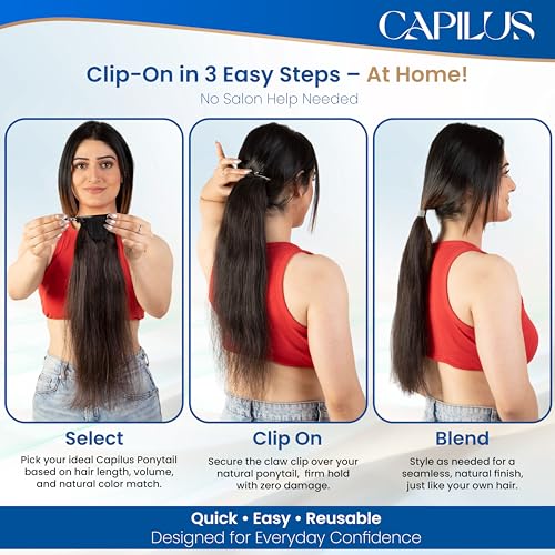 Image of Capilus Flat Clip-In Ponytail Hair Extensions (Brown, 14 Inch) | 100% Natural Human Hair | Changeable Clip | Instant Volume & Length | Original Human Hair Ponytail Extension for Women
