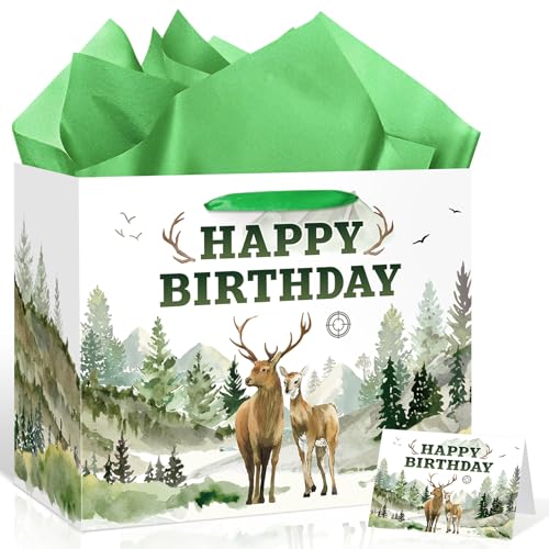 Deer Hunting Birthday Gift Bag Decorations Hunting Wrapping Paper with Tissue Paper Card Camo Gift Bag for Boys Girls Adults Gone Hunting Themed Bday Party Fathers Day Favors Wrap Decorations Supplies