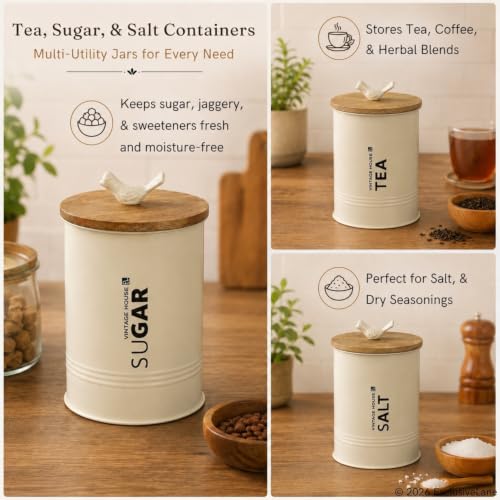 Image of ExclusiveLane 'White Doves' Airtight Metal Jars for Kitchen Storage with Wooden Lid (Iron, Set Of 3, 1080 ml) | Tea Sugar Salt Container Multi-Utility Snacks Jars & Containers Salt Jar for Kitchen