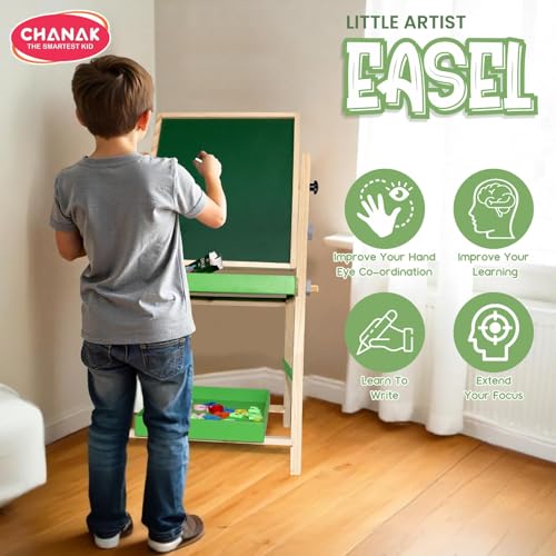 Image of Aditi Toys 2-in-1 Wooden Easel Board for Kids - Magnetic Whiteboard & Chalkboard, Adjustable Height, with Alphabets, Numbers, Marker, Chalks, Duster, Storage Trays, Safe Non-Toxic for Ages 3+
