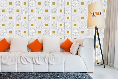 Image of SMEF 3D Foam Wallpaper Wall Panels Self-Adhesive Waterproof PE Foam, Ceiling Wallpaper for Bedroom Furniture, 57.5 Sq.Ft Peel and Stick - 70 x 70 cm White Golden Pack of 1