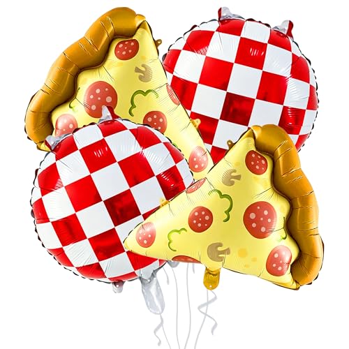 4Pcs Pizza Balloons, 23 Inch Pizza Slices Foil Balloon with Red White Gingham Checkered Mylar Balloons for Italian Theme Party Birthday Baby Shower Party Decorations Supplies