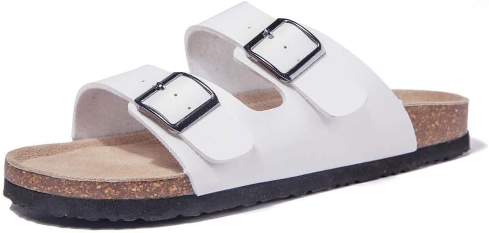 TF STAR Women 2-Strap Adjustable Buckle, Flat Casual Cork Slide Sandals,Slide Cork Footbed Sandals for Women white