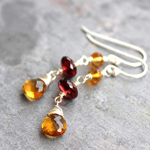 Garnet Citrine Earrings Sterling Silver Contrast Dangle Gemstones