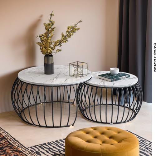Image of Elegant Round Coffee Table Set of Two for The Home Nesting Tables Waterproof Tea Table with Marble Top Finish (White Black)