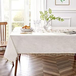 QIANQUHUI Embroidered Tablecloth for Dining TableRustic Farmhouse Kitchen Table Cloth Blue Table Cover Dust Proof Spillproof Soil Resistant Cotton Linen Rectangle Table ClothsN Beige55x86 inch
