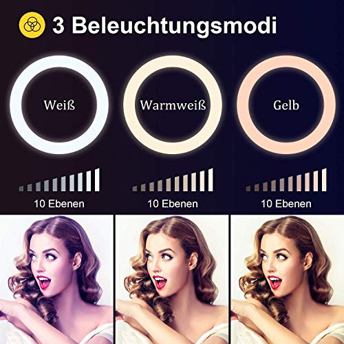 LED Ringlicht mit Stativ Handy,10" Selfie Ringleuchte mit 63" Stativ Bluetooth Fernbedienung USB-betrieben 3 Farbe &10 Helligkeitsstufen,Ringleuchte für YouTube, Tiktok,Live-Stream,Makeup – Bild 3