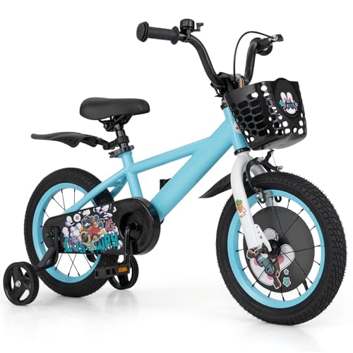 BABY JOY Sporty Kids Bike, 14 Inch Child Bike for 3-8 Years Old w/Adjustable Height, Training Wheels, Storage Basket, Handbrake Coaster Brake, Kids Bicycle for Girls Boys (Blue)
