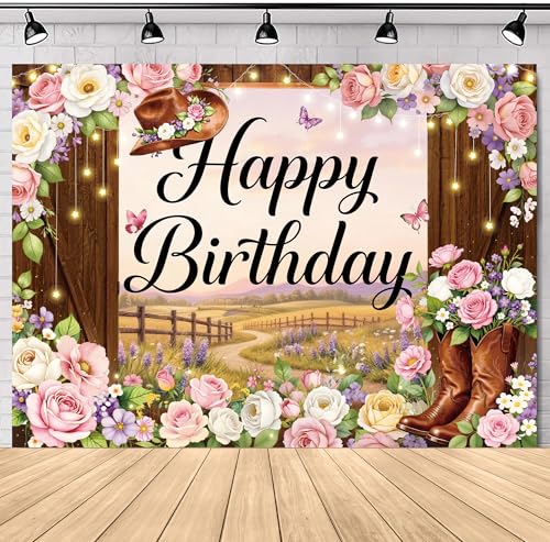 Western Cowgirl Birthday Backdrop Country Boot Hat Floral Party Decorations