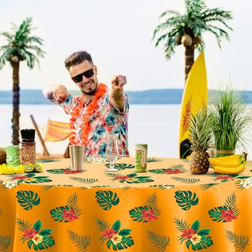 Image of Oudain 12 Pcs 84 inch Summer Round Hawaiian Tablecloths, Lagre Tropical Luau Plastic Table Covers with Palm Leaves & Hibiscus Flower, Aloha Tiki Beach Pool Party Decorations Supplies (Multicolor)