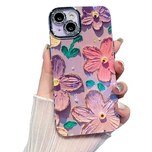 Image of Elzzi Compatible with iPhone 13 Case Flower Oil Painting Bumper with Full Camera Protection Shockproof PC+TPU Cover for Girls Women, Pink & Purple