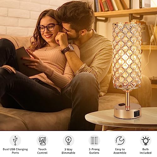 Image of Hong-in Gold Lamps Set of 2, Dimmable Gold Lamps for Nightstand with USB-C+A & AC Charging Ports, 3-Way USB Crystal Lamp, Bedside Desk Light for Bedroom Living Room Home Office(Bulb Included)