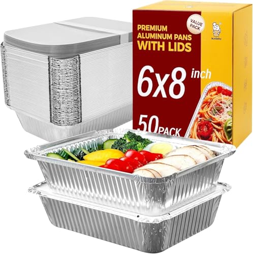 Image of katbite 8.5x6 Aluminum Pans with Lids (50 Pack - Aluminum Pans & Cardboard Lids), 2.25 LB Premium Foil Pans, Disposable Food Containers with Lids, Ideal for Air Fryer, Cooking, Heating, Freezer