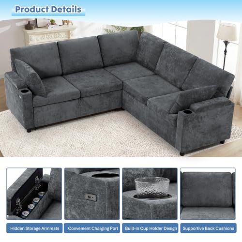 Image of 85 inch Chenille Sectional Sofa w /Pull Out Bed & Storage Space, Grey | Upholstery L Shaped Couch w /Cup Holders, Modern Corner Sofa w /USB Charging Port & Throw Pillow for Living Room