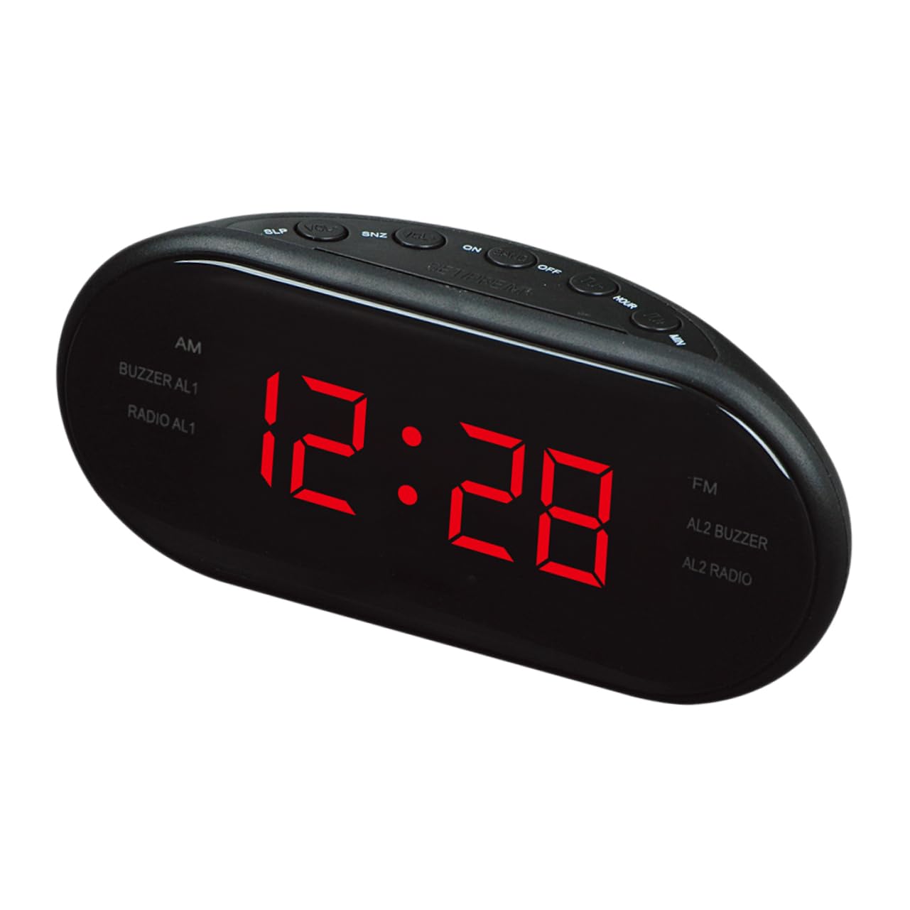 SEWACC Radio Despertador Digital con Radio Am y Luces Nocturnas, Pantalla Curva Grande y Función de Repetición para Mesita de Noche, Diseño Plástico Rojo