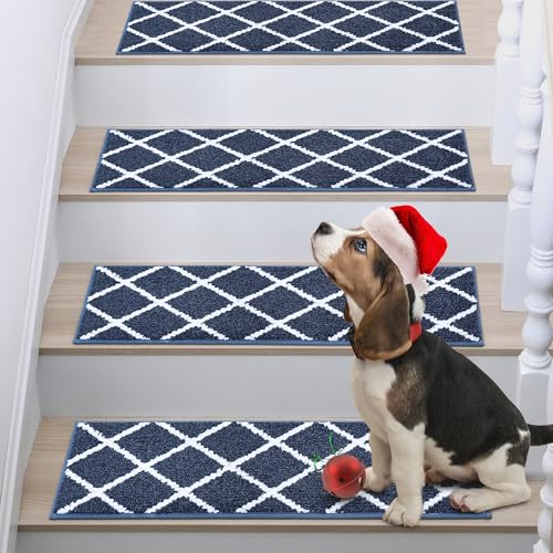 COSY HOMEER Edging Stair Treads Non-Slip Carpet Mat 28inX9in Indoor Stair Runners for Wooden Steps, Stair Rugs for Kids and Dogs, 100% Polyester TPE Backing 4pcs,Navy