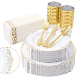 Fijinhom 350pcs Gold Plastic Plates, Elegant Disposable Dinnerware Set, 125 Pieces, White and Gold, Plates, Cups, Cutlery and Napkins (Gold, 50 Guests)