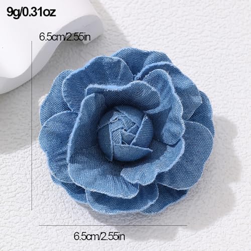 Image of Fashion Denim Camellia Flower Lapel Brooch Pin for Women Girls Fabric Floral Bouquet Corsage Pins Clip Sweater Coat Dress Suit Backpack Brooches Pins Boho Jewelry Gifts Clothes Accessories