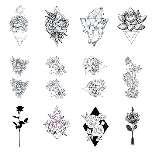 SanerLian Dandelion Lotus Flowers Temporary Tattoo Sticker Rose Sunflowers Watercolor Waterproof Women Girls Hand Arm Chest Back Body Art 10.5X6cm Set of 12 (Design6)