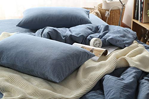 Image of F.Y.Dreams 100% Washed Cotton Duvet Cover for Weighted Blanket 80x87 inches with 16 Ties, Zipper on Long Side /Demin Blue /Just Duvet Cover