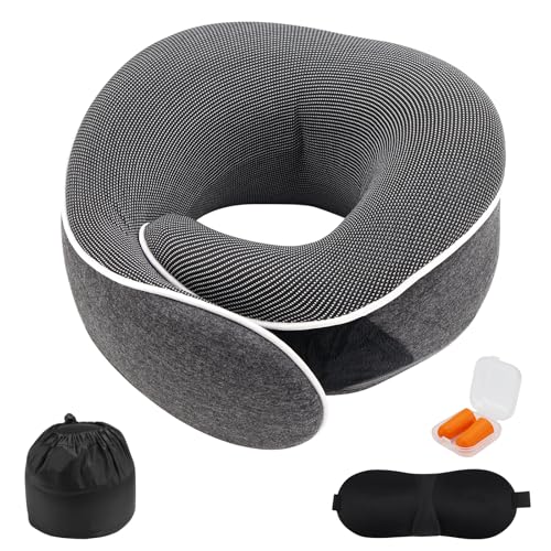 VZXZXE Almohada cervical de viaje, cojín cervical de espuma viscoelástica con antifaz para dormir y tapones para los oídos, rodillo para el cuello para avión, coche, tren