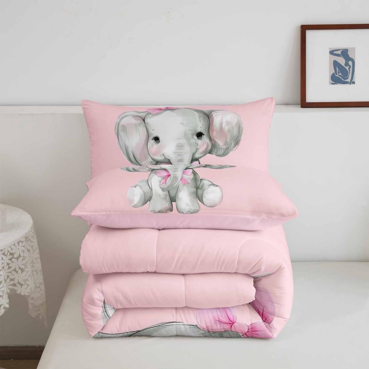 Castle Fairy Little Elephant Kids Comforter Sets Toddler Size,Kawaii Girls Aniamls Bedding Comforter Sets,Watercolor Animal Theme Quilt Sets,Girls Women Pink Print Duvet Insert with 1 Pillowcase