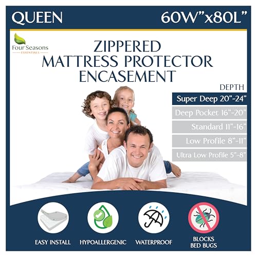 Super Deep Pocket Mattress Encasement - Queen - Zippered Bedbug Waterproof Protector for Very Deep Mattresses 20-24 inch Depth