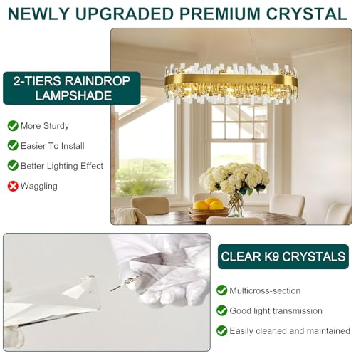 Image of AioTio Modern Crystal Chandelier, L35.4'' Rectangle Brass Gold Kitchen Chandeliers Over Table, Crystal Raindrop Industrial Farmhouse Chandelier for Dining Room, Living Room, Kitchen Island,Bathroom