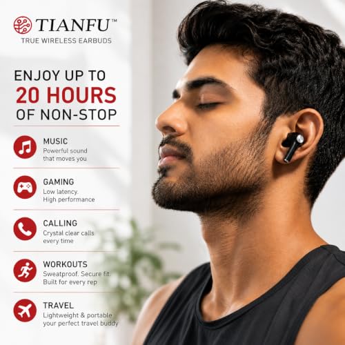 Image of TWS True Wireless in Ear Earbuds with 20H Playtime | Type-C Charging | HD Stereo Sound, Built-in Mic, Touch Control | Earphones for Calling, Music, Gaming | Made in India Bt V5.3 (Black-Red)