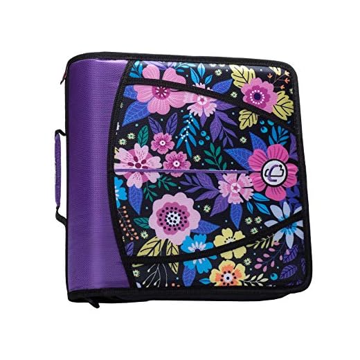 Case-It T641P Zipper Binder, 3-Inch Capacity, with 5-Tab Expanding File, Zip Mesh Pocket, Shoulder Strap, Midnight Floral Purple