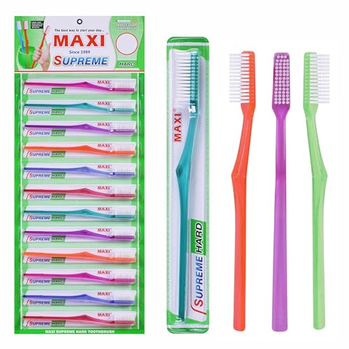 Image of MAXI Supreme Hard Bristle Toothbrush for Adults | Deep Cleaning Plaque & Stain Removal | Long-Lasting Durable Firm Bristles | Comfortable Grip Handle | Multicolor - Pack of 12 (Value Pack)