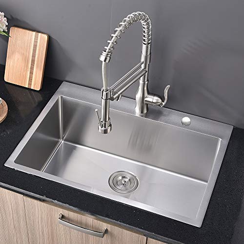Friho 30\"x 22\" Inch 18 Gauge Commercial Topmount Drop-in Single Bowl Basin Handmade SUS304 Stainless Steel Kitchen Sink, Brushed Nickel Kitchen Sinks with Dish Grid and Basket Strainer