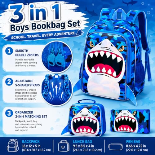 Image of 16 inch Shark Backpack for Boys, 3Pcs Kids Bookbag with Lunch Box, School Backpacks for Elementary Preschool Kindergarten (Blue)