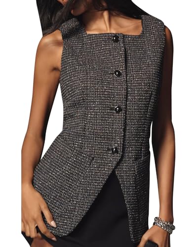 LifeShe Women's Square Neck Tweed Vests Slim Fit Tank Tops Dressy Business Waistcoat Blazer Jackets