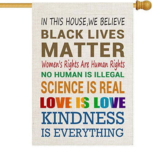 pingpi In This House We Believe Black Lives Matter House Drapeau double face pour la maison, la cour, la pelouse, la terrasse, l'extérieur en toile de jute 71,1 x 101,6 cm