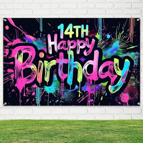 Image of HOMETITUTE Glow in The Dark 14th Birthday Banner 71x43 Inch Colorful Paint Splatter Backdrop for Teen Boys Girls Fourteenth Party Decorations Neon Wall Decor Celebration Photo Booth Props Supplies